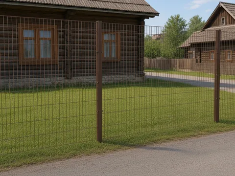 Коричневый 3D-забор вдоль улицы с деревянными домами